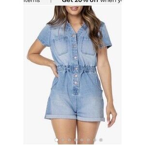 Celebrity Pink Denim Romper Medium Wash Collared Short Sleeve Size S